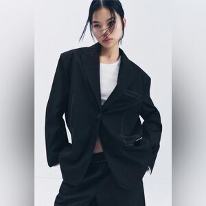 NWT ZARA Black Oversized Boxy Topstitched Blazer Faux French Flip Cuff SZ XS/S